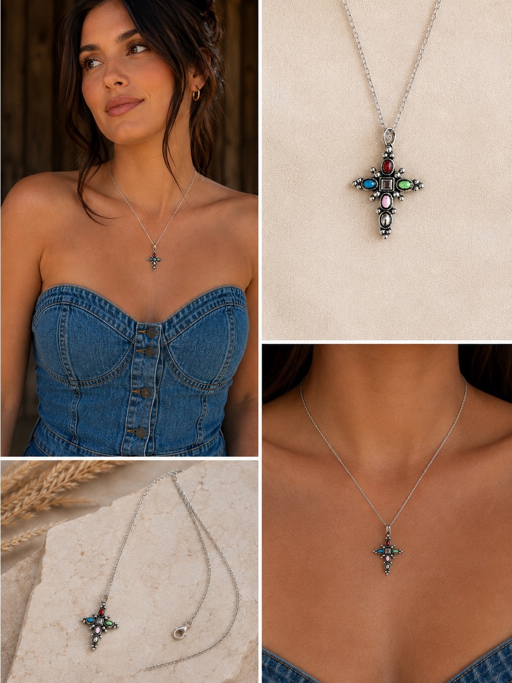 Multicolor Stone Cross Pendant Necklace - Women Jewelry